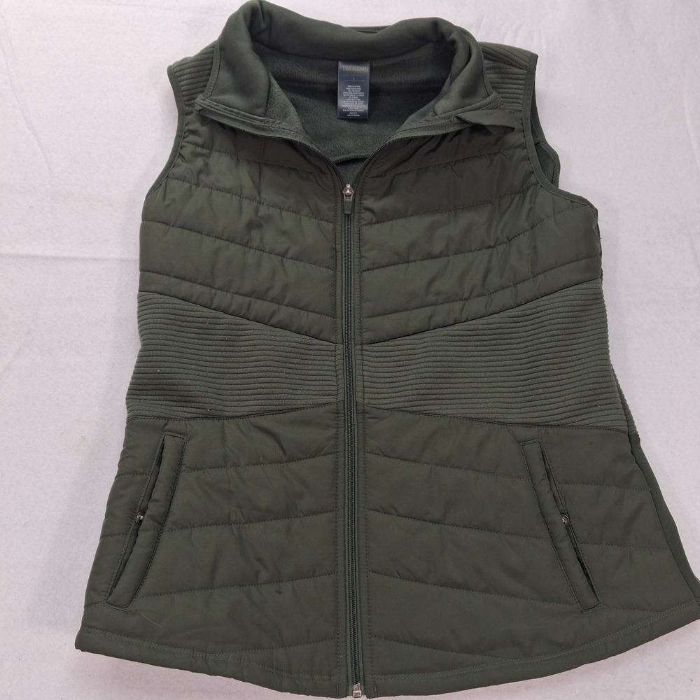 Tek Gear Vest Womens L Olive Green Quilted Ribbed Mixed Media EUC